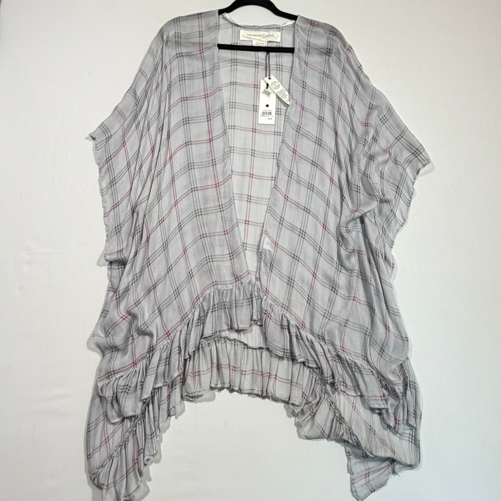 Treasure & Bond Kimono Womens OS NWT Gray Plaid Ruffle Hem Layering Coquette